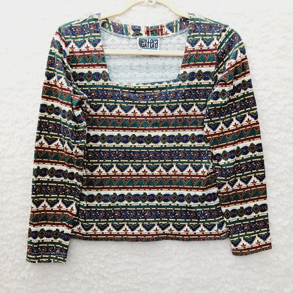 T-Shirt Women Cropped Geometric Fair Isle Boho Festival Retro Whimsycore Size S